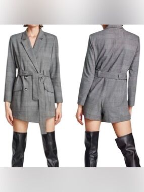 Zara Gray Plaid Romper Skort Built in Shorts Belted Blazer Dress Size M